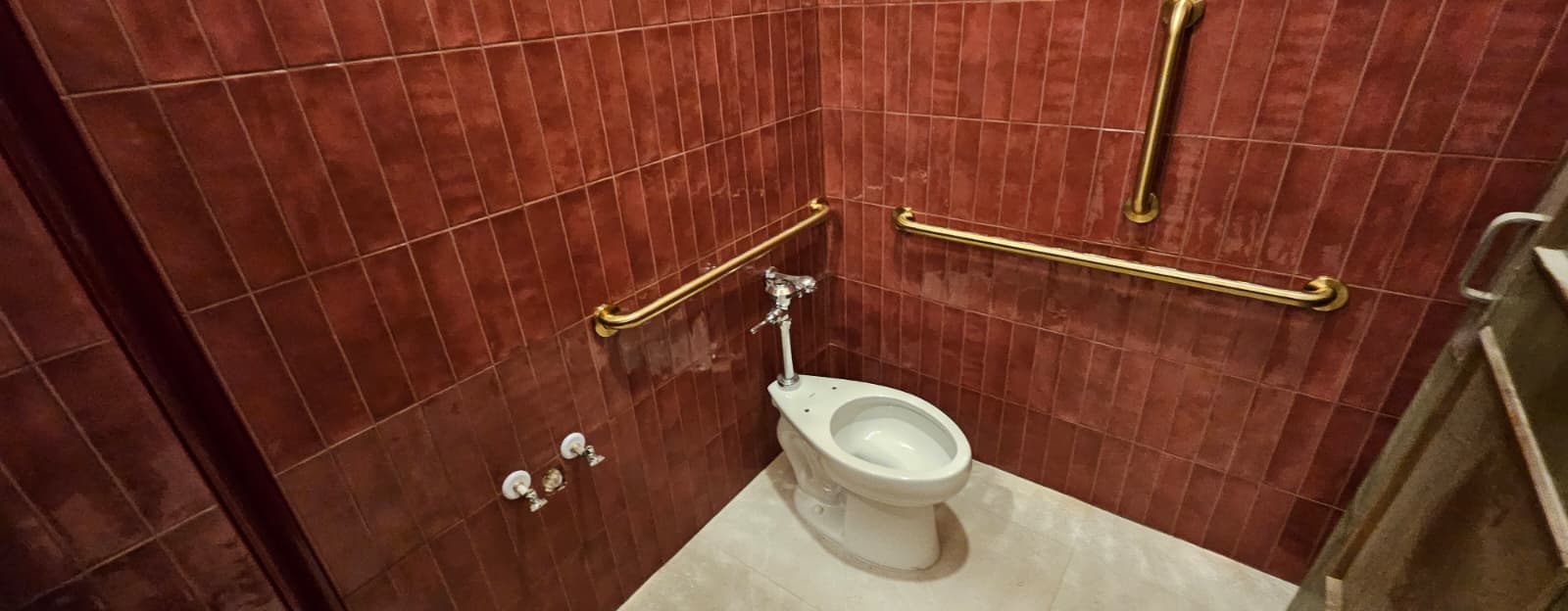 Solid-brass grab bars in a burgundy tiled restroom at Casa Mezcal in Orlando, Florida