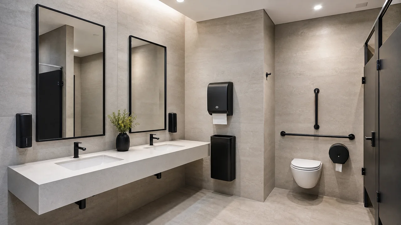Modern commercial restroom with matte black dispensers, grab bars, faucets, mirrors, and toilet partition hardware