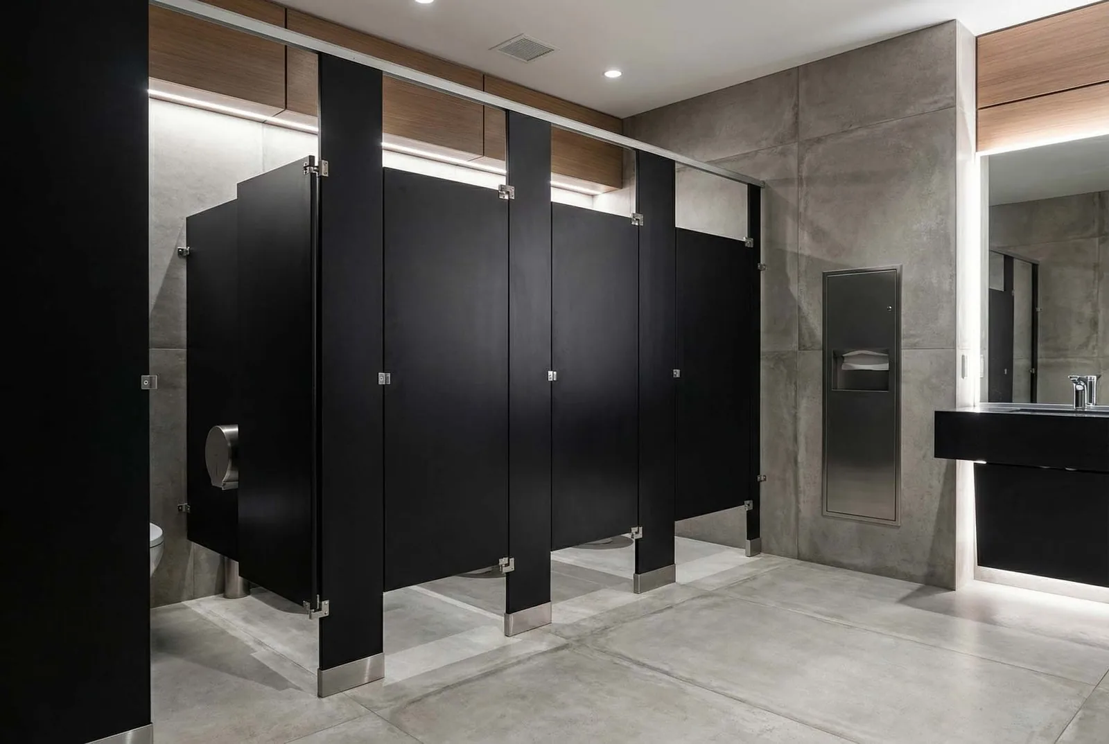 Finished commercial restroom with wood-look bathroom partitions