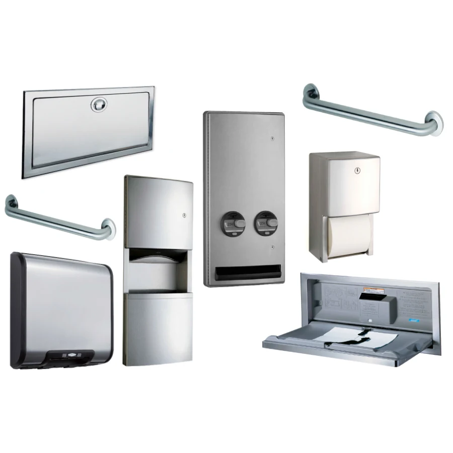 Commercial restroom accessories including grab bars, dispensers, hand drying, and a baby changing station