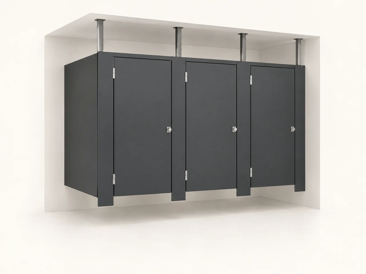 Illustrative charcoal ceiling-hung commercial bathroom partition system with pilasters suspended from above and an open floor below
