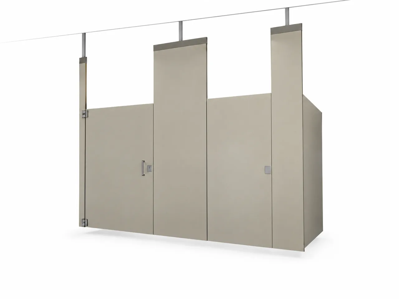 Illustrative ceiling-hung commercial bathroom partition configuration on a clean white background, suspended from above with the floor open below