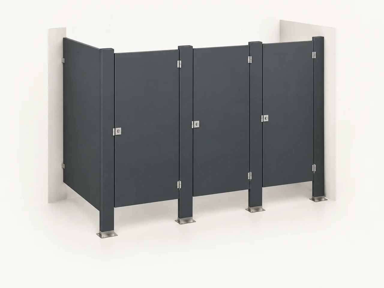 Illustrative charcoal floor-mounted commercial bathroom partition system with floor-anchored pilasters and an open topline