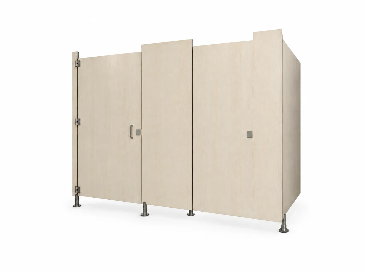 Illustrative floor-mounted commercial bathroom partition configuration on a clean white background, supported by visible floor-anchored pilasters with no headrail