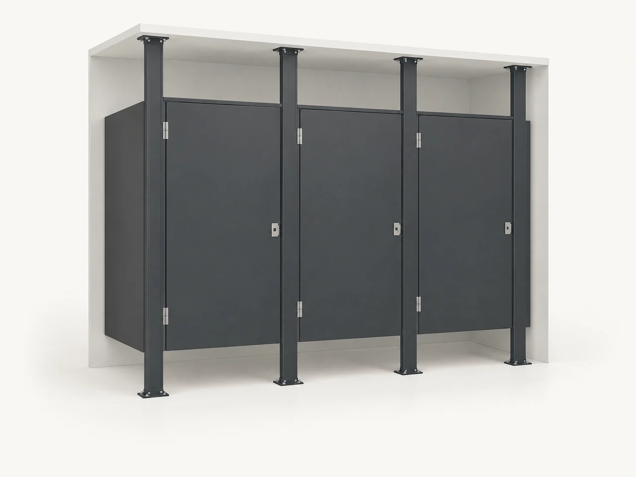 Illustrative charcoal floor-to-ceiling commercial bathroom partition system with full-height pilasters supported above and below