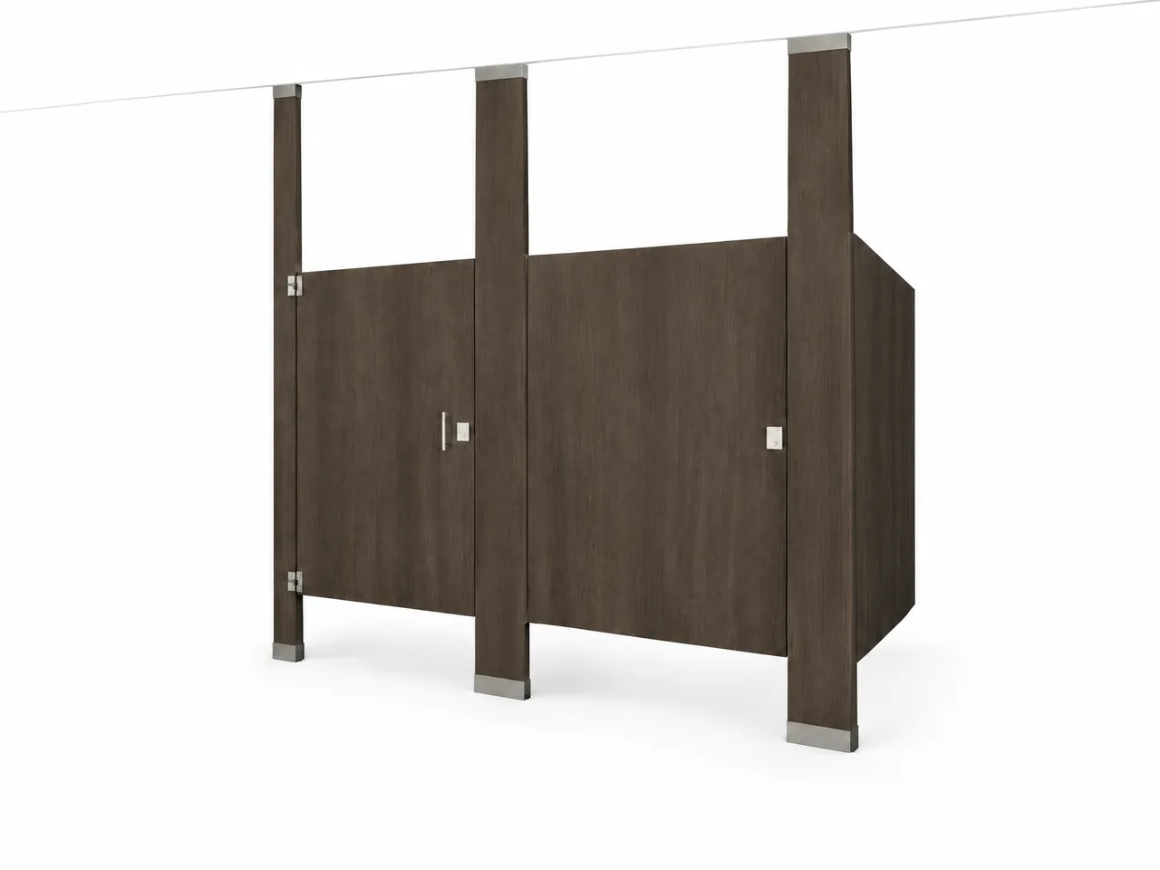 Illustrative floor-to-ceiling commercial bathroom partition configuration on a clean white background, with pilasters connected at both floor and overhead structure