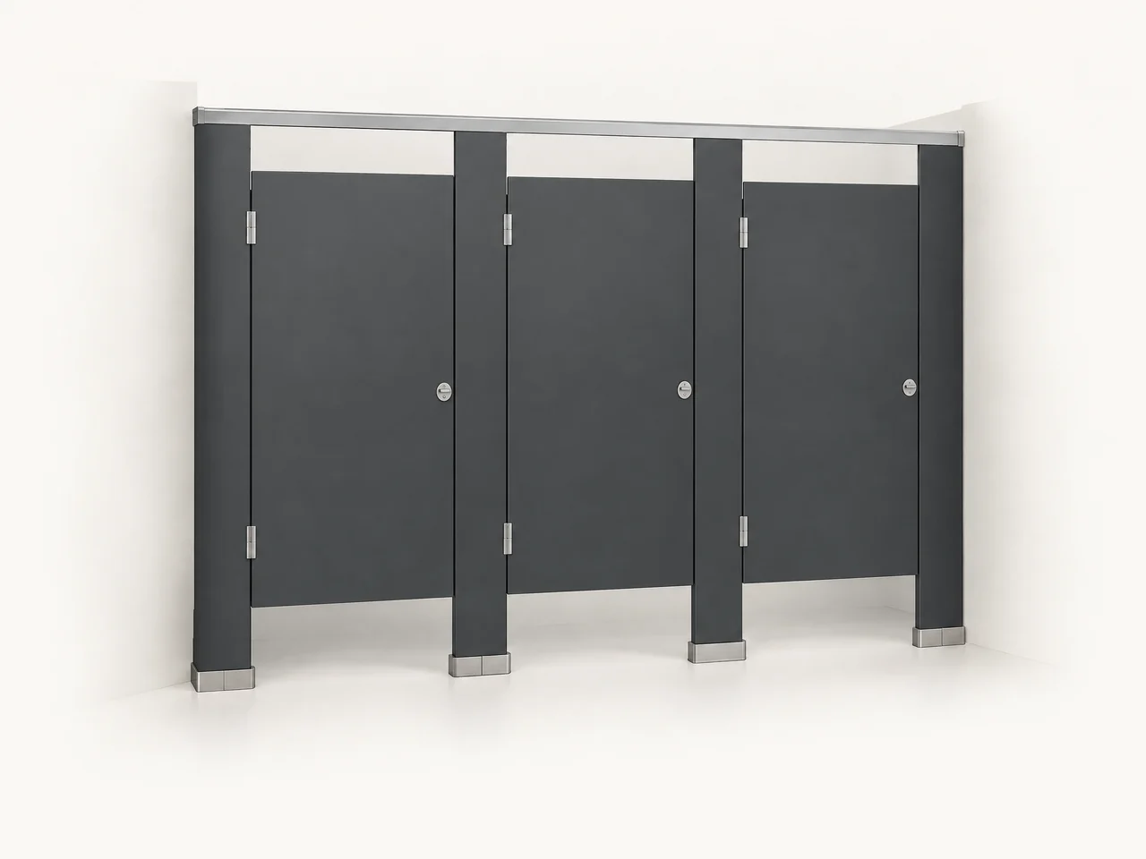Illustrative charcoal overhead-braced commercial bathroom partition system with a continuous headrail above three compartment doors