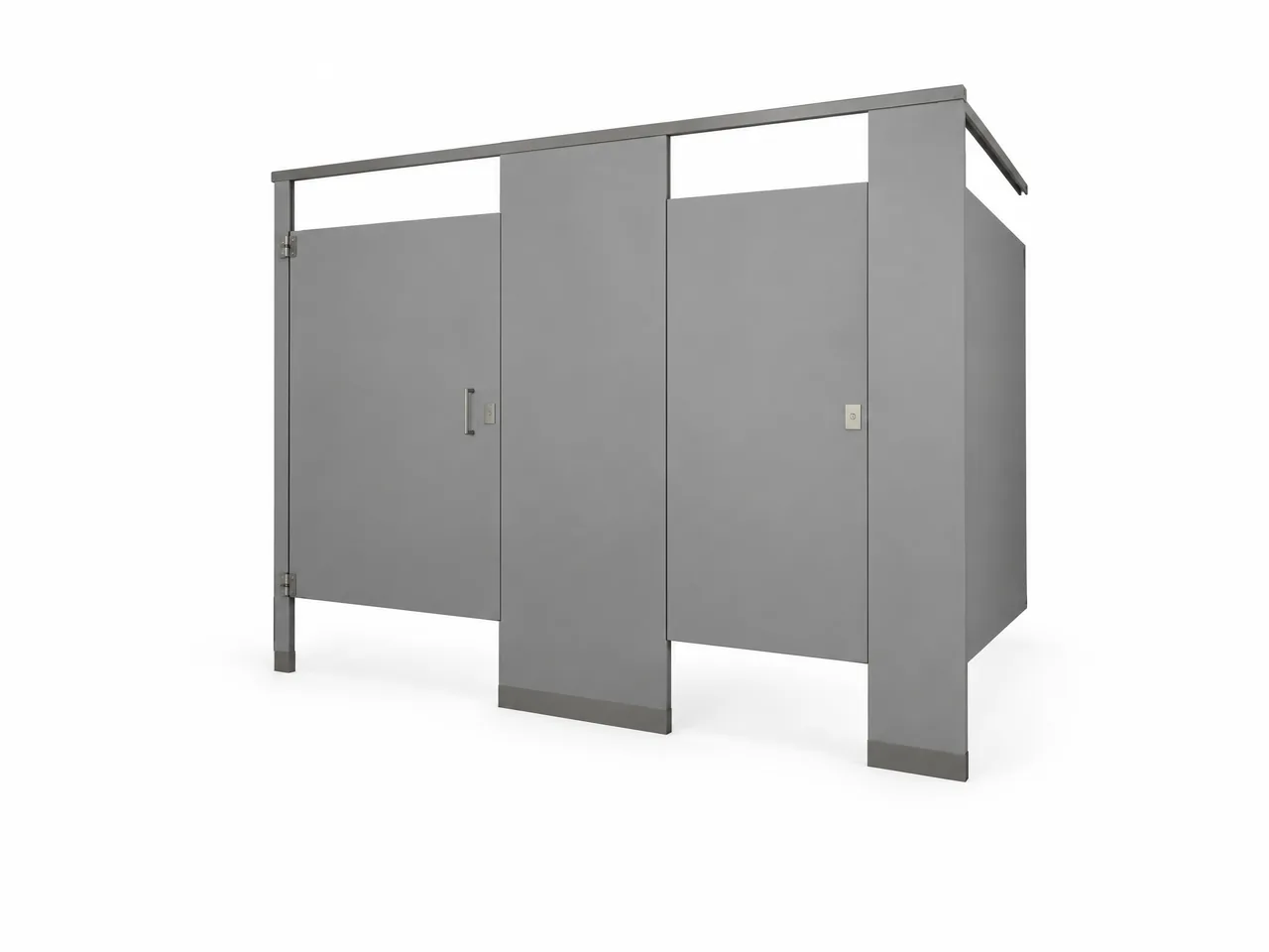 Illustrative overhead-braced commercial bathroom partition configuration on a clean white background, with a continuous headrail above floor-supported pilasters