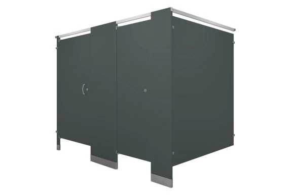 Dark powder-coated headrail-braced restroom partition configuration with Max Privacy panel and door coverage