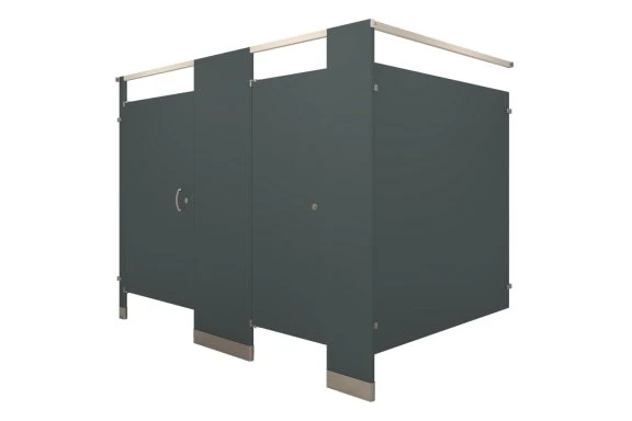 Dark powder-coated headrail-braced restroom partition configuration with Privacy Plus panel and door coverage