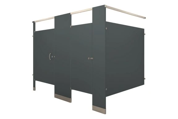 Dark powder-coated headrail-braced restroom partition configuration with Standard Privacy panel and door coverage