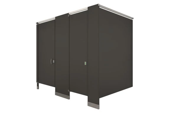Dark powder-coated headrail-braced restroom partition configuration with Ultimate Privacy panel and door coverage