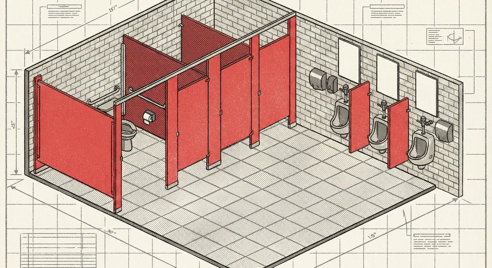 Technical commercial restroom drawing with partitions, urinal screens, grab bars, mirrors, and dispensers