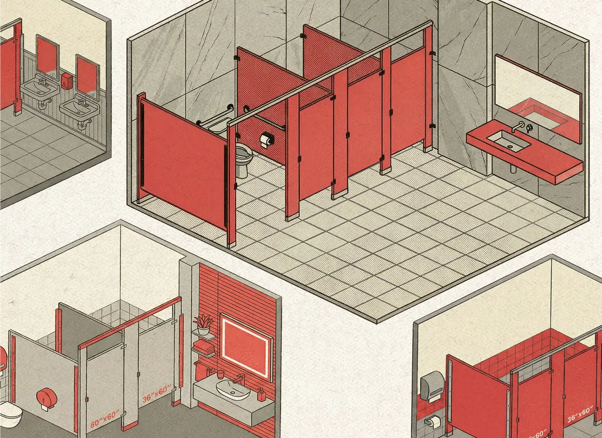 Illustrated commercial restroom layouts showing partition and accessory conditions
