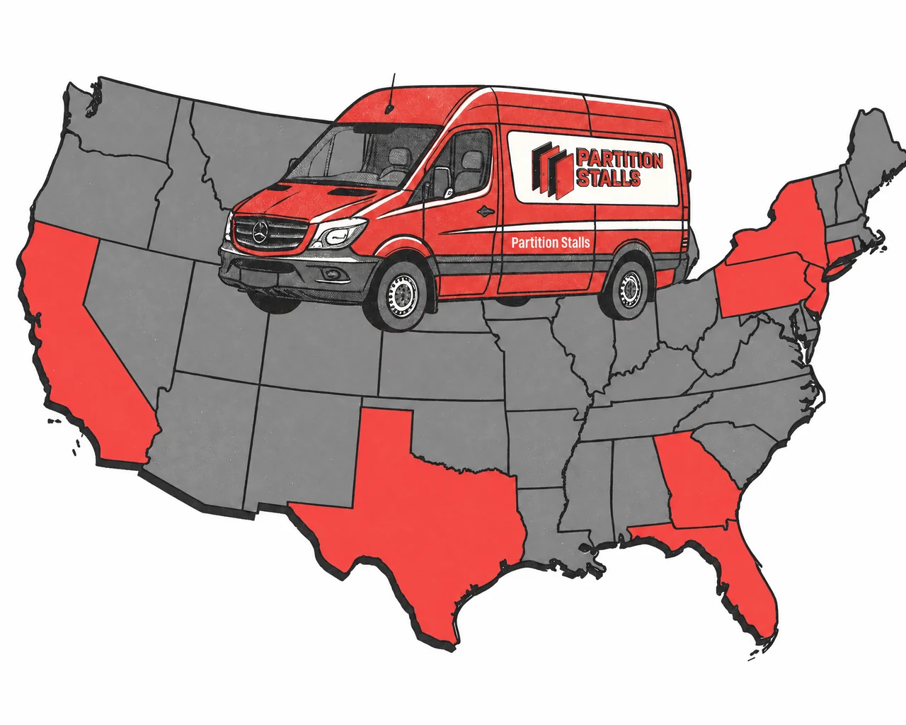 Partition Stalls delivery van over a United States map highlighting seven full-service states