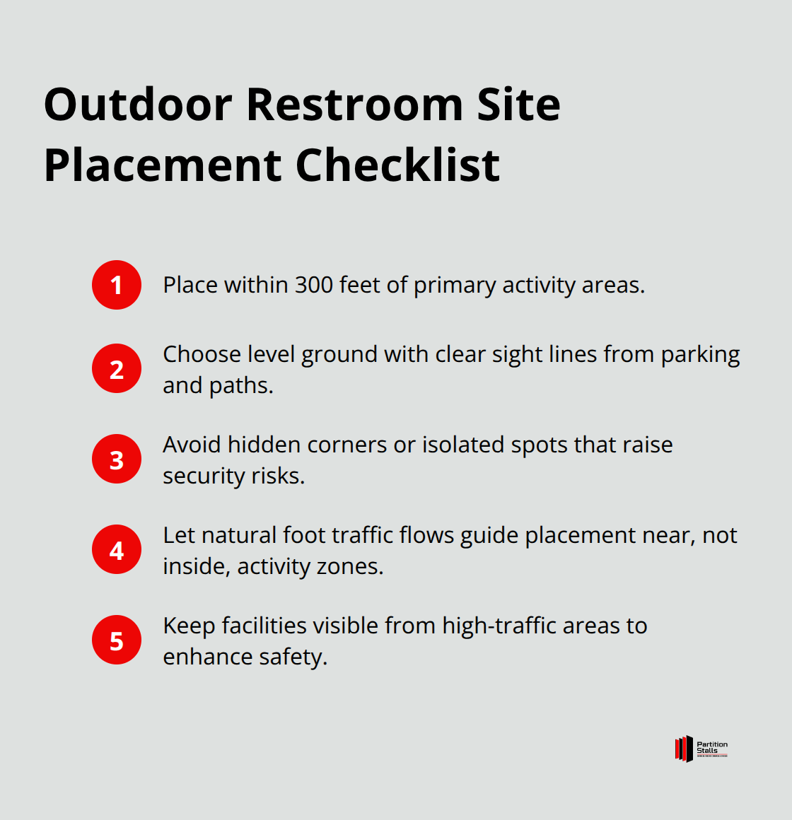Checklist of key site placement guidelines for outdoor public restrooms