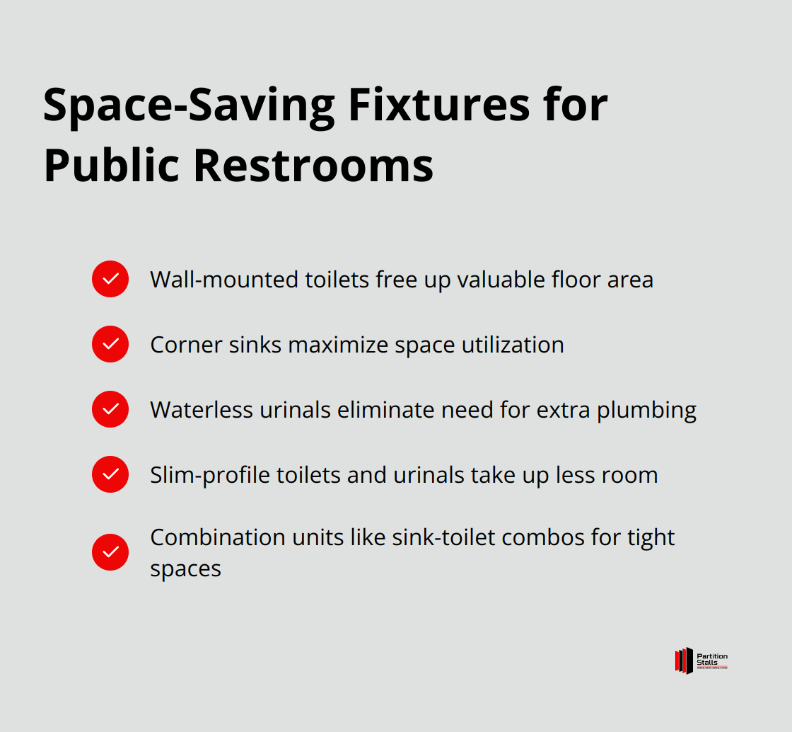 Checkmark list of space-saving fixtures for public restrooms, including wall-mounted toilets, corner sinks, waterless urinals, slim-profile fixtures, and combination units.