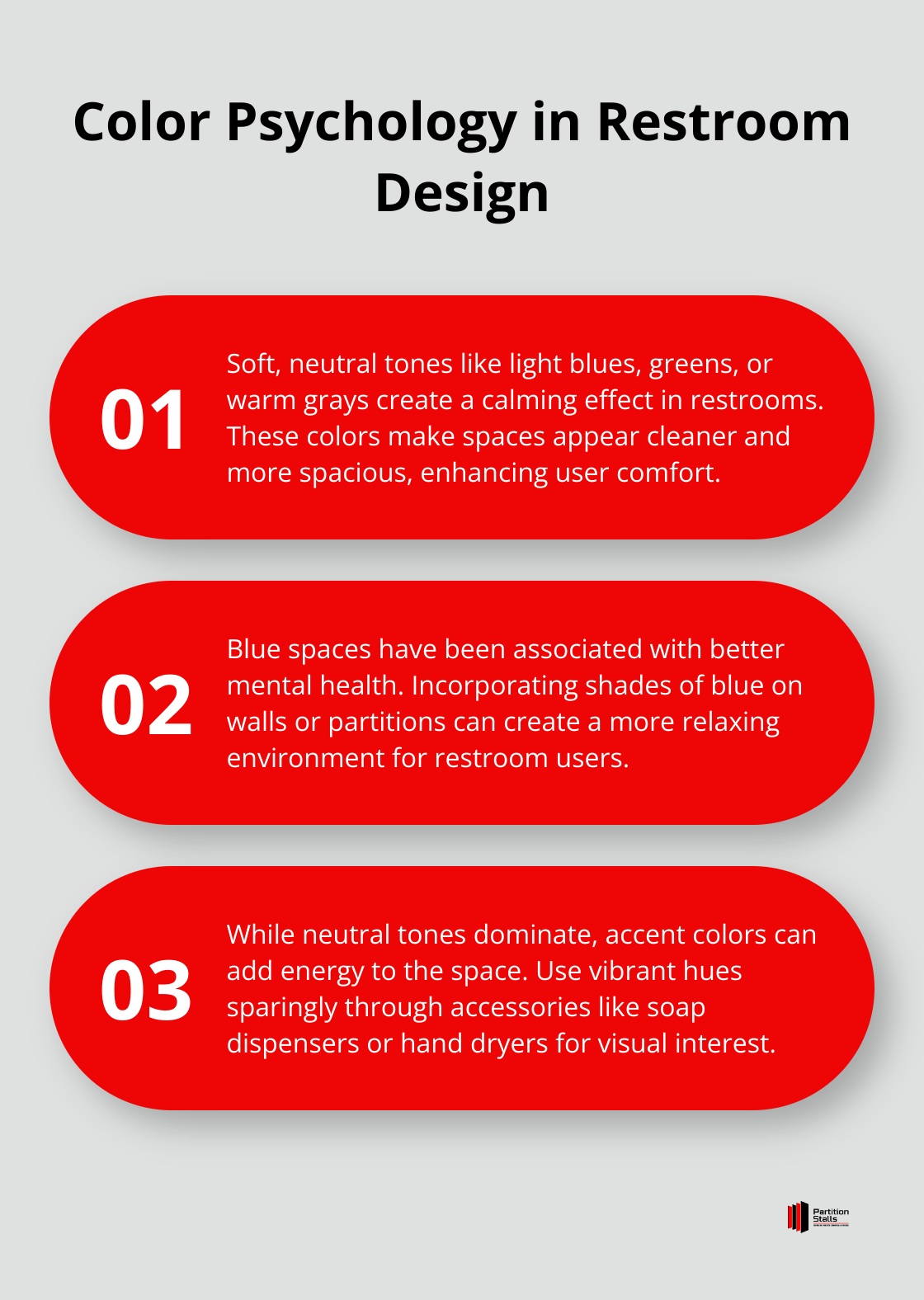 An ordered list chart showing three key points about color psychology in restroom design: calming colors, blue spaces, and accent colors. - public restroom interior design