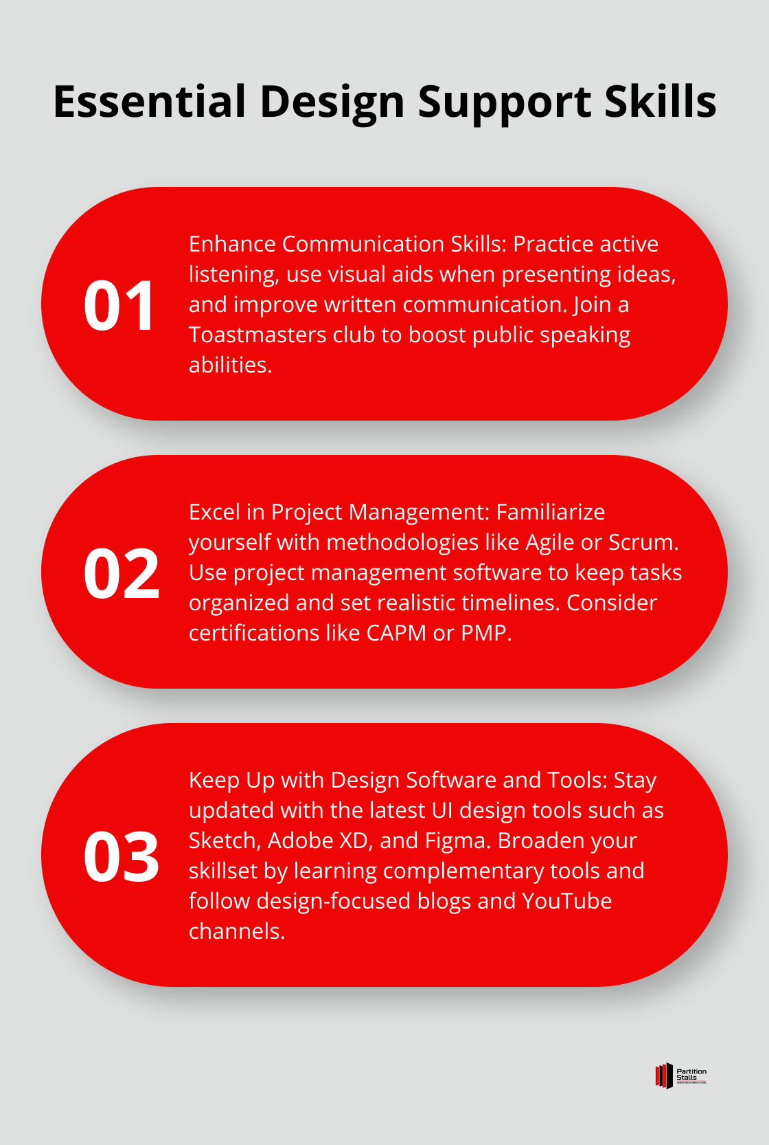 Ordered list chart presenting three essential design support skills: enhance communication skills, excel in project management, and keep up with design software and tools.
