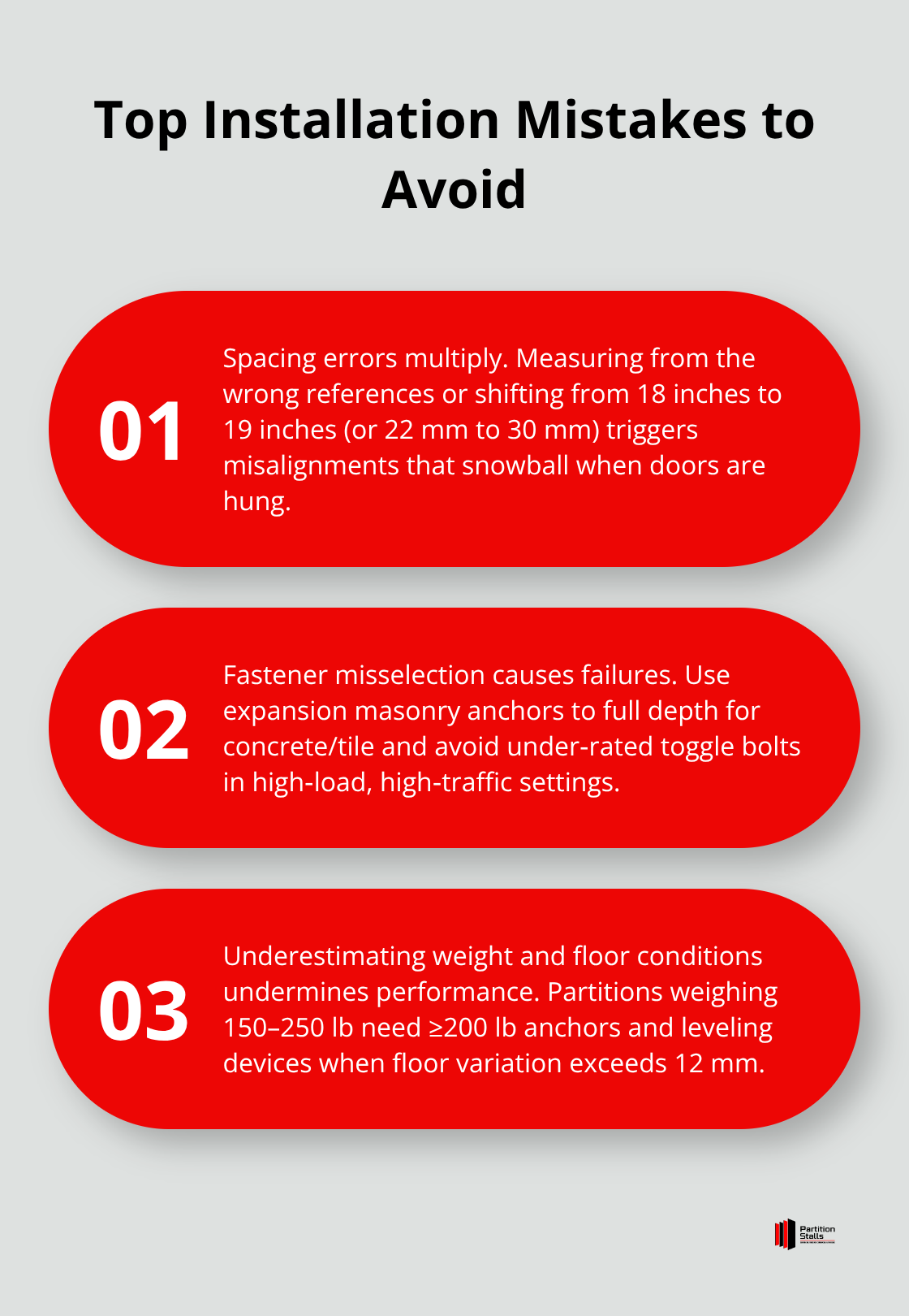 Three key toilet partition installation mistakes with explanations.
