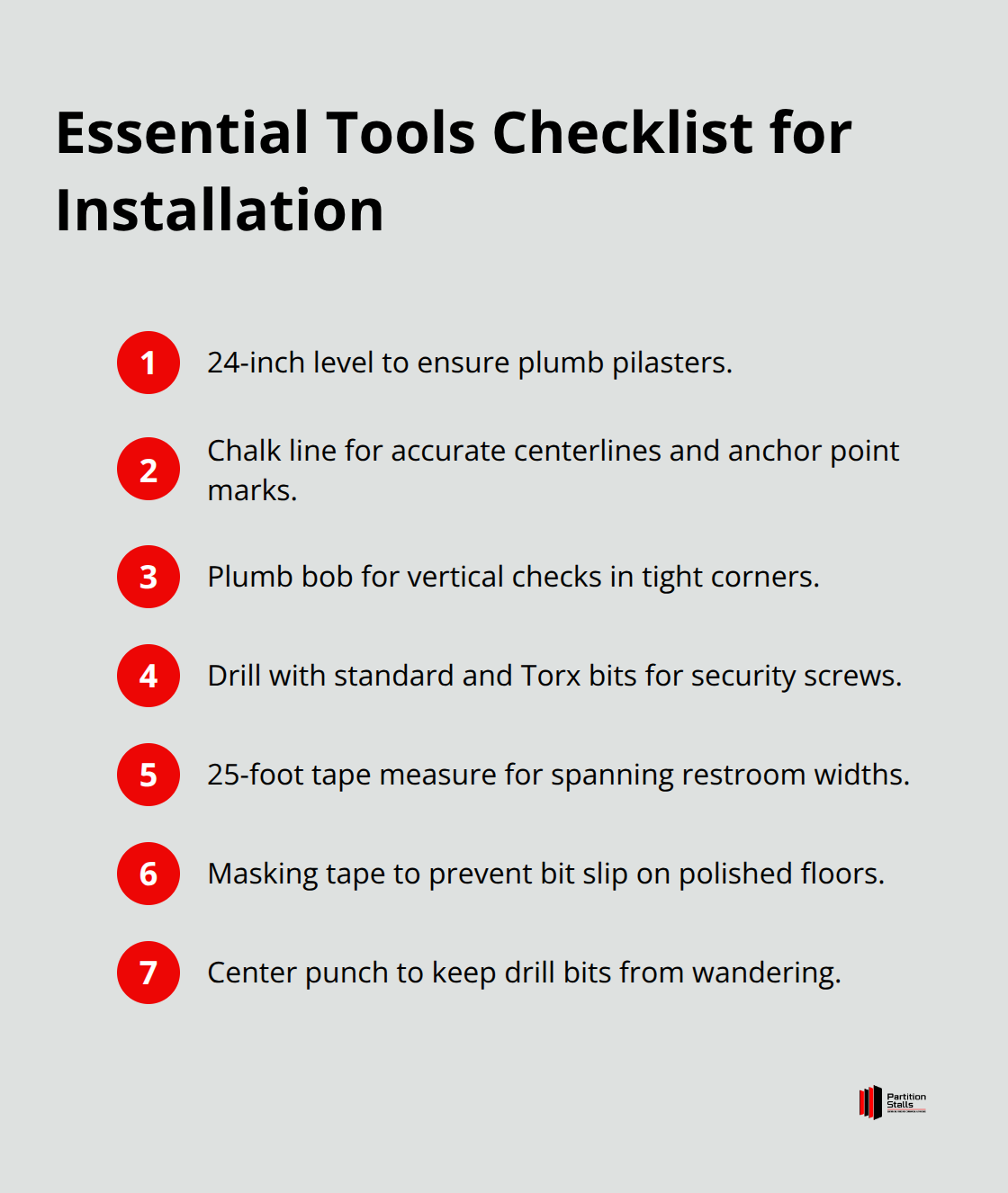 Compact checklist of tools required for toilet partition hardware installation