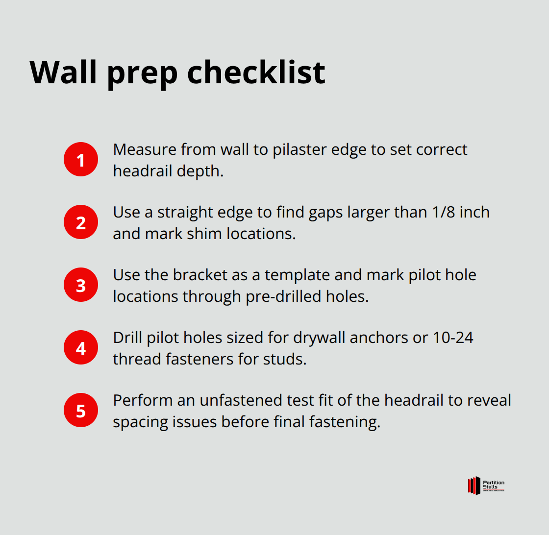 Compact ordered list of wall preparation steps for headrail brackets.
