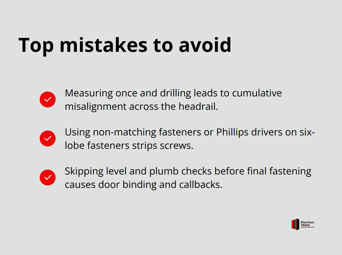 Checkmark list of common installation mistakes to avoid for headrail projects. - toilet partition headrail