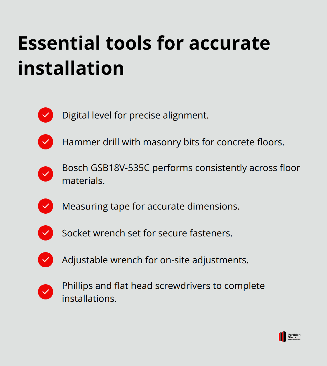 Checklist of tools required for professional toilet partition installation