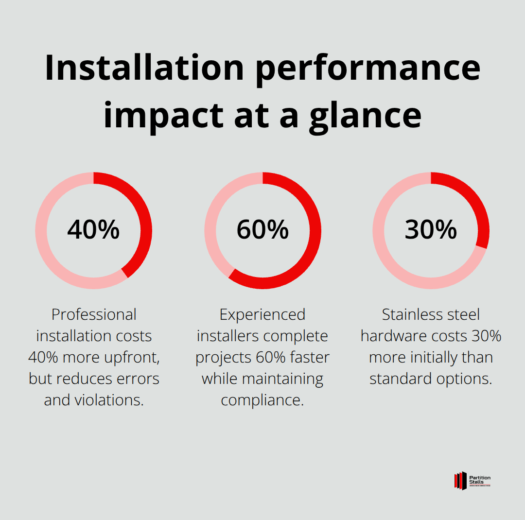 Percentage comparisons for pro installation speed, cost, and stainless hardware costs - toilet partition installation instructions