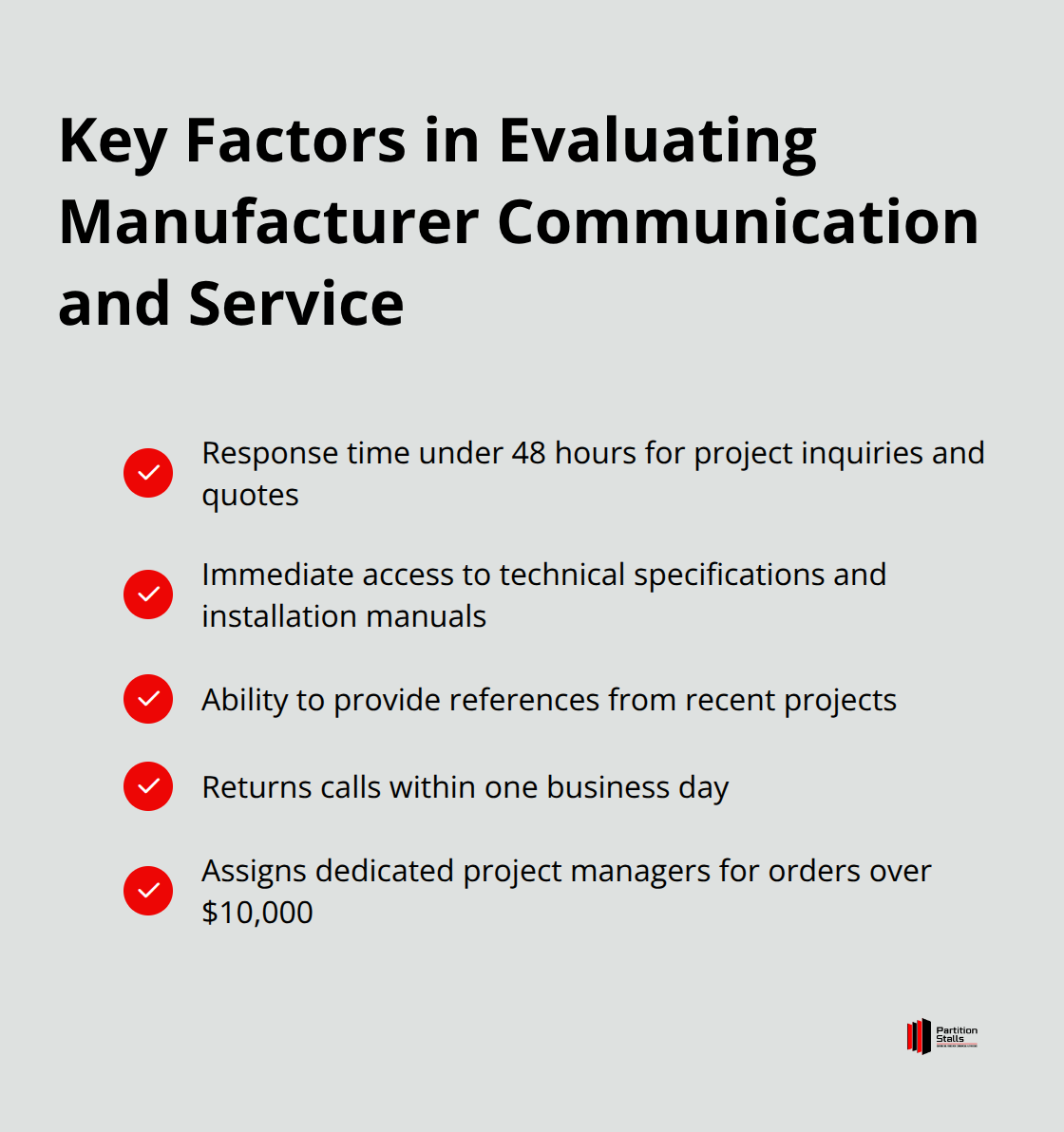 Checkmark list of important factors to consider when evaluating toilet partition manufacturers' communication and service