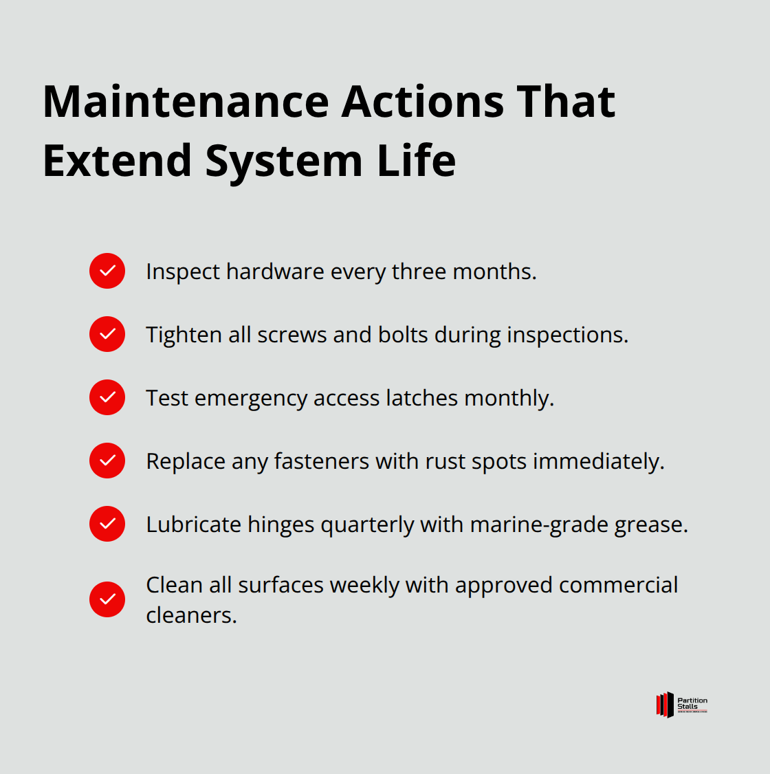 Checklist of restroom partition maintenance tasks and schedules - toilet partition parts