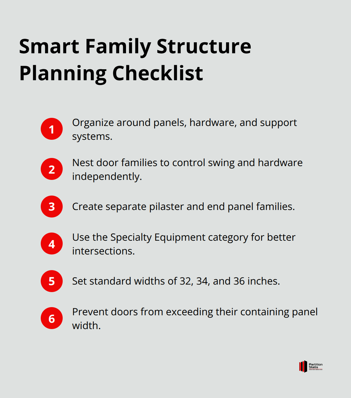Compact checklist of key steps to structure a toilet partition Revit family for performance and control.