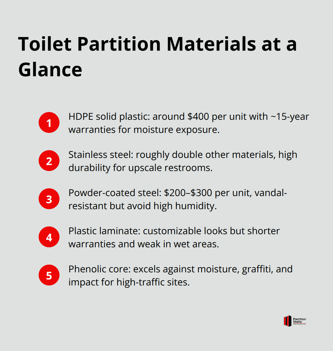 Quick comparison of partition materials by cost, durability, and ideal use cases - toilet partition supplier